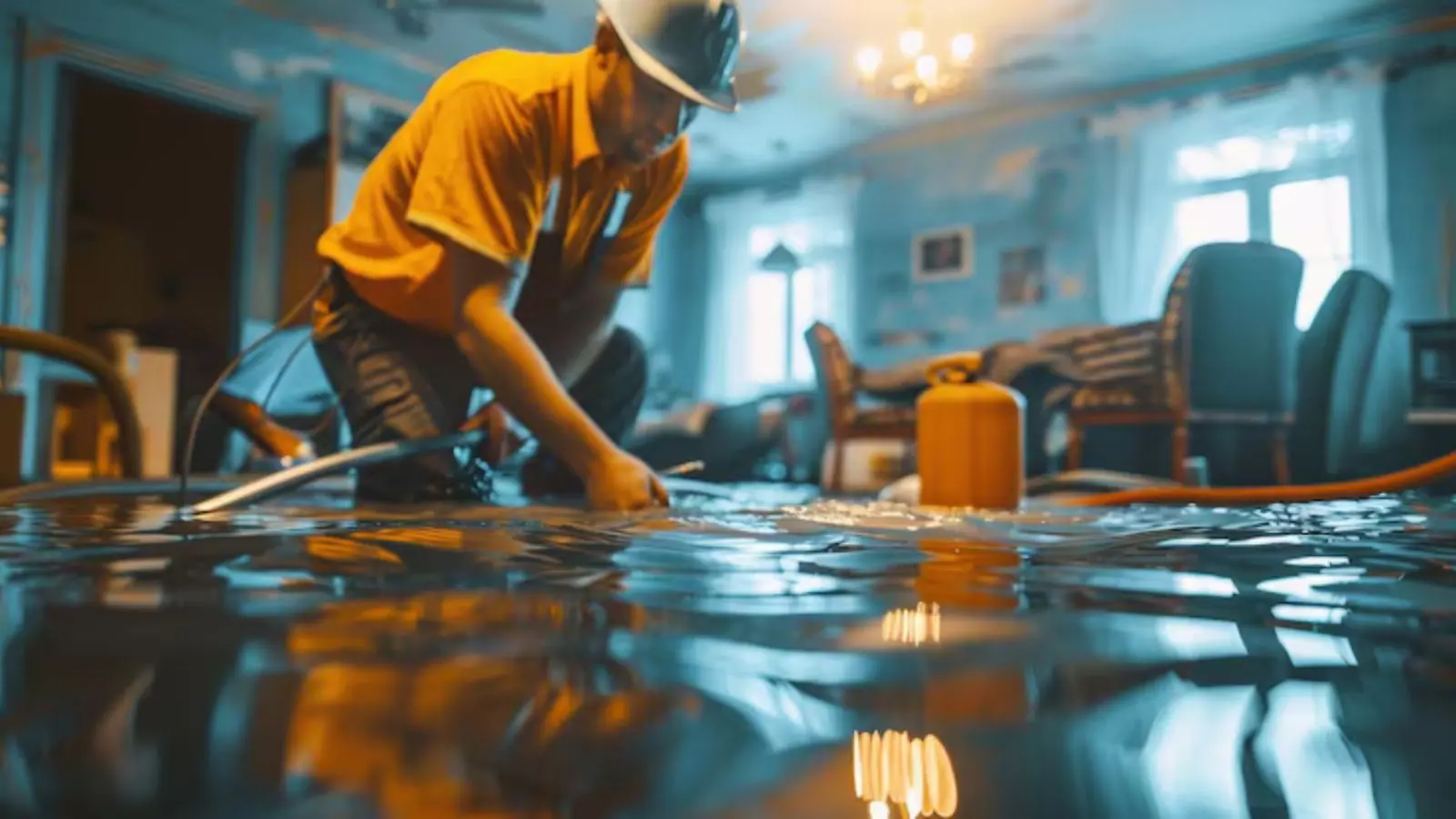 Technician working on a flooded living room floor with extraction equipment